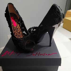 Black Rose Detailed Betsey Johnson  Platinum Heels